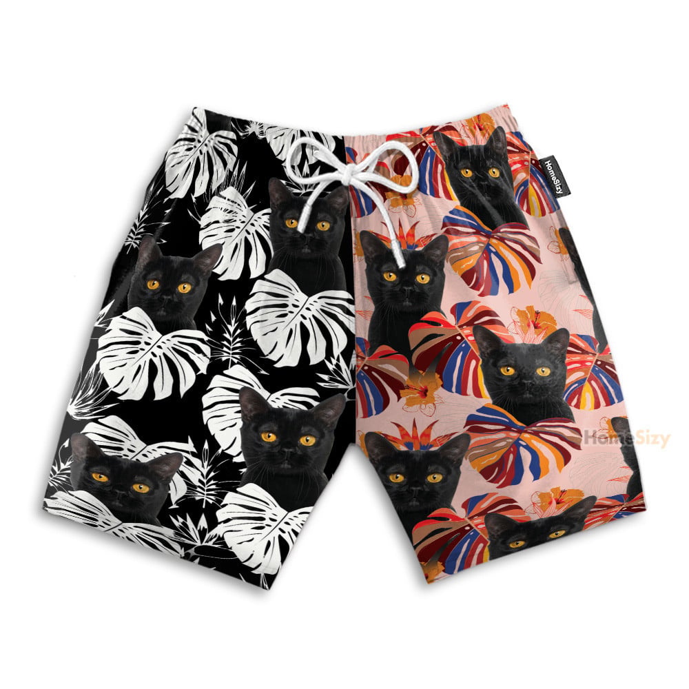 Black Cat Tropical Leaves Pattern - Hawaiian Shirt & Beach Shorts