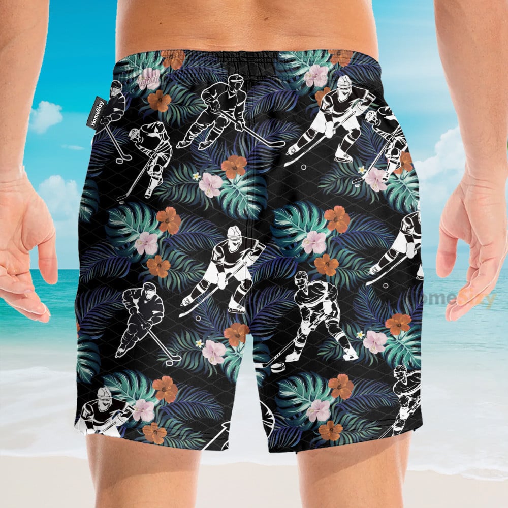 Hockey In Tropical Green Leaves - Hawaiian Shirt & Beach Shorts