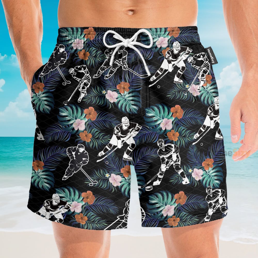 Hockey In Tropical Green Leaves - Hawaiian Shirt & Beach Shorts