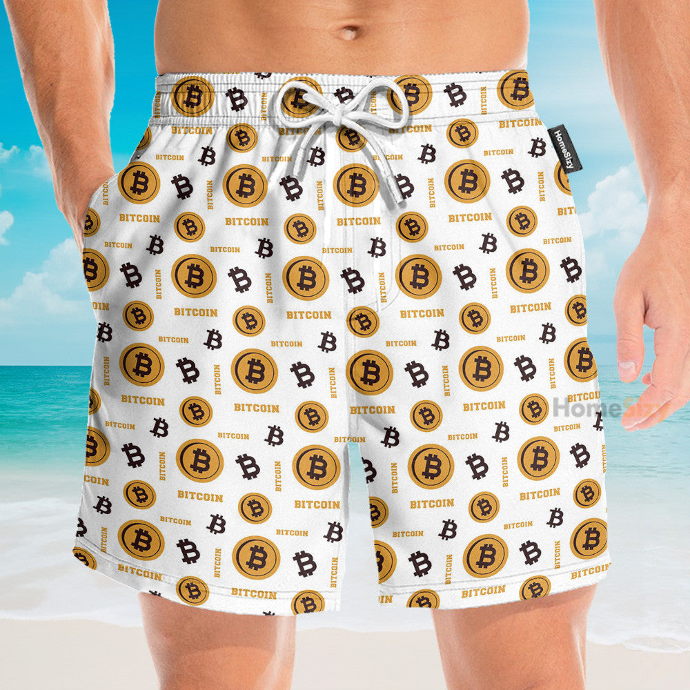 Bitcoin Seamless Pattern In White Background - Hawaiian Shirt & Beach Shorts