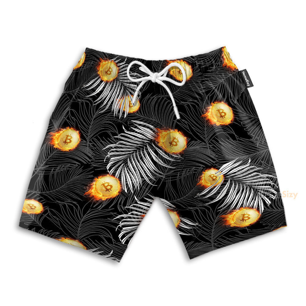 Bitcoin Flame And Tropical Pattern - Hawaiian Shirt & Beach Shorts