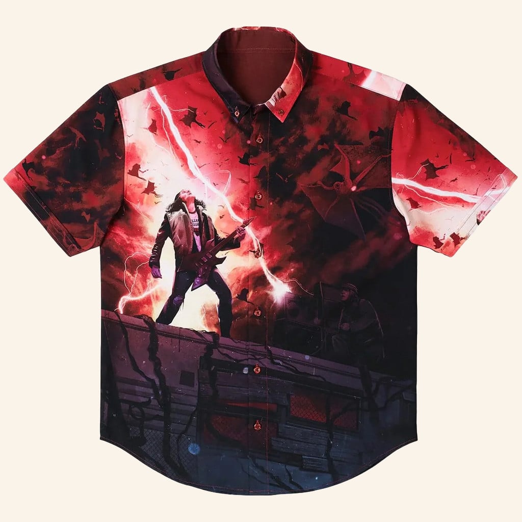 Stranger Things Eddie Munson Merch Stranger Things x RSVLTS Most Metal Ever Button Up Shirt - WearandDecor - Tazila