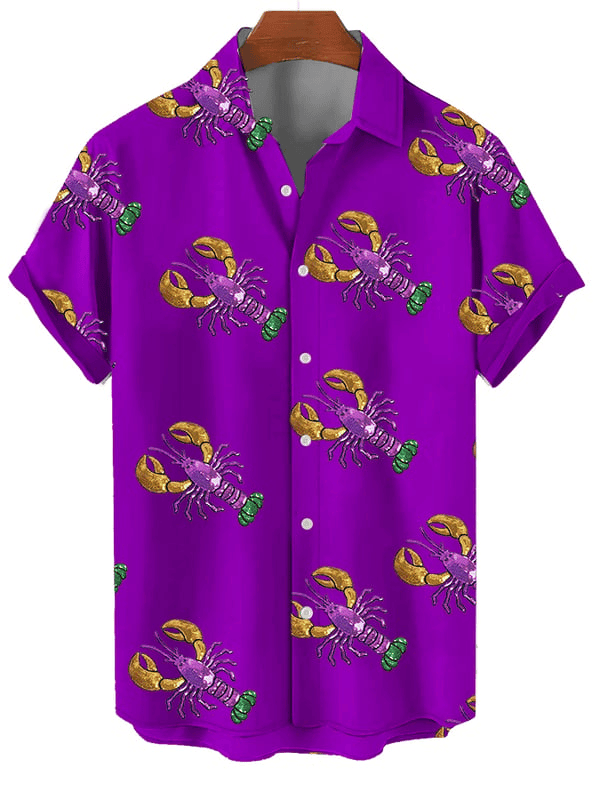 Crawfish Mardi Gras Hawaiian Shirt Men's Button Down Mardi Gras Shirts Fleur De Lis Clothing - Tazila