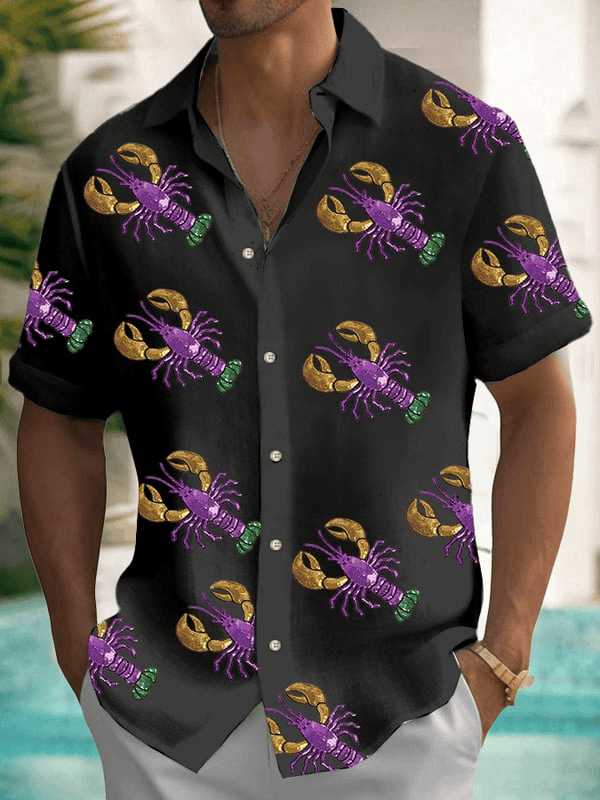 Crawfish Mardi Gras Hawaiian Shirt Fleur De Lis Clothing Mardi Gras Button Down Husband Gifts - Tazila