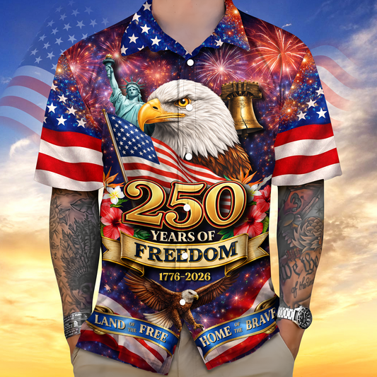America Land Of The Free Home Of The Brave 250 Years Of Freedom Hawaiian Shirt America 250 Merchandise Best Patriotic Gifts - Tazila