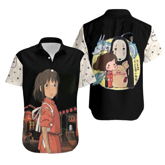 NoClaws Studio Ghibli Hawaii Shirt Chibi Chihiro Kaonashi Haku Graphic Hawaiian Shirt Black White Unisex