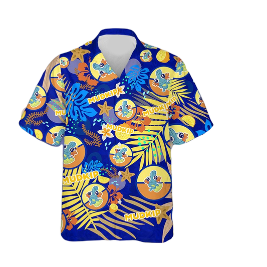 NoClaws Pokemon Hawaii Shirt Pokemon Mudkip Graphic Pattern Aloha Shirt Blue Unisex