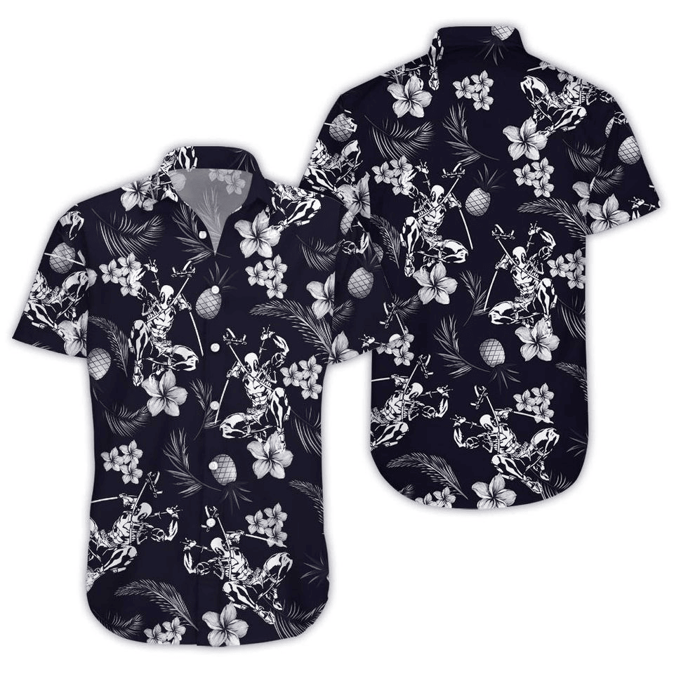 NoClaws NoClaws Deadpool Hawaii Shirt Marvel Deadpool Tropical Pineapples Flowers Pattern Hawaiian Shirt Black Unisex