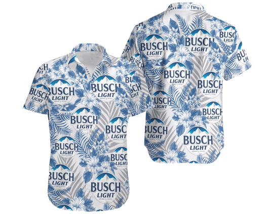NoClaws Busch Light Hawaii Shirt Busch Light Symbol Hibiscus Flower Hawaiian Shirt White Blue Unisex