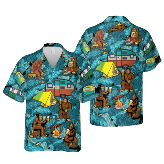 NoClaws Bigfoot Hawaii Shirt Bigfoot Drinking Beer Camping Hawaiian Shirt Blue Unisex