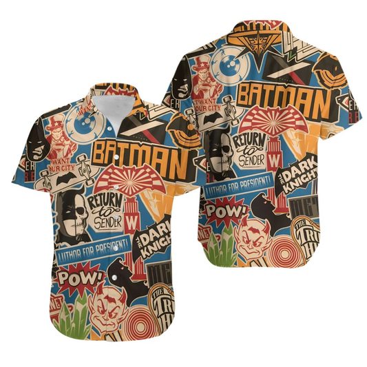 NoClaws Batman Hawaii Shirt DC Vintage Batman Label Stickers Pattern Hawaiian Shirt Colorful Unisex