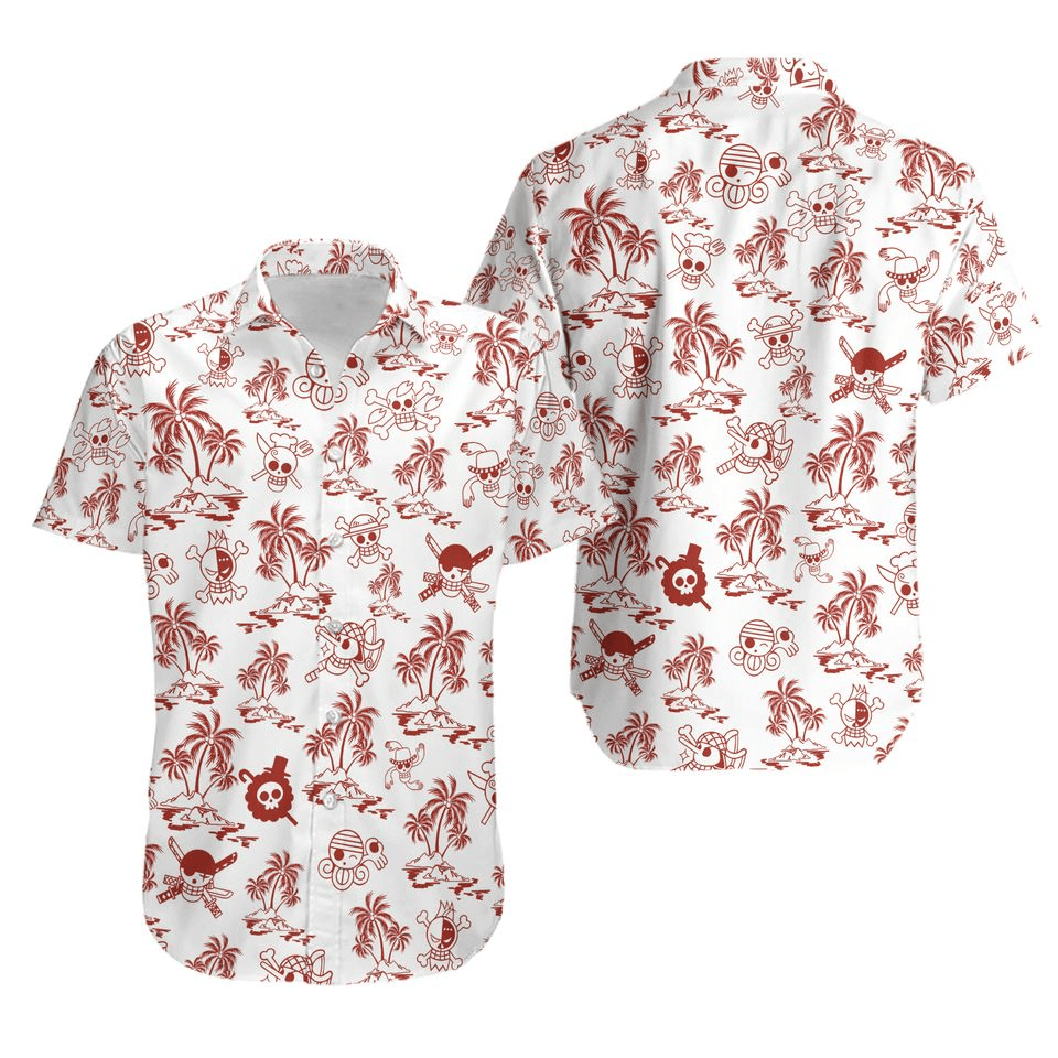 NoClaws NoClaws One Piece Hawaii Shirt One Piece Jolly Roger Tropical Island Pattern Hawaiian Shirt White Red Unisex