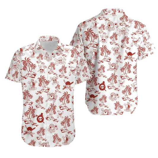 NoClaws NoClaws One Piece Hawaii Shirt One Piece Jolly Roger Tropical Island Pattern Hawaiian Shirt White Red Unisex