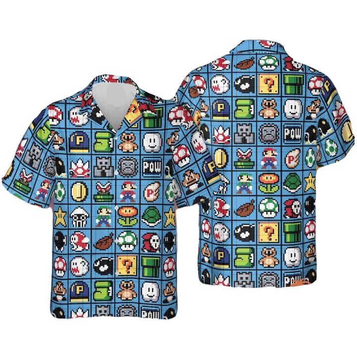 NoClaws Mario Hawaii Shirt Super Mario 8Bit Game Items Pattern Aloha Shirt Blue Unisex