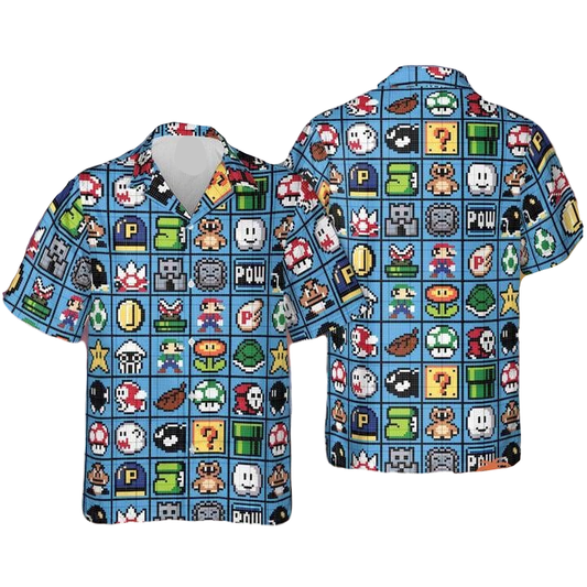 NoClaws Mario Hawaii Shirt Super Mario 8Bit Game Items Pattern Aloha Shirt Blue Unisex