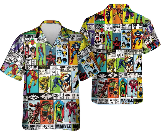 NoClaws NoClaws Marvel Hawaii Shirt Marvel Vintage Comics Corner Box Pattern Hawaiian Shirt Colorful Unisex