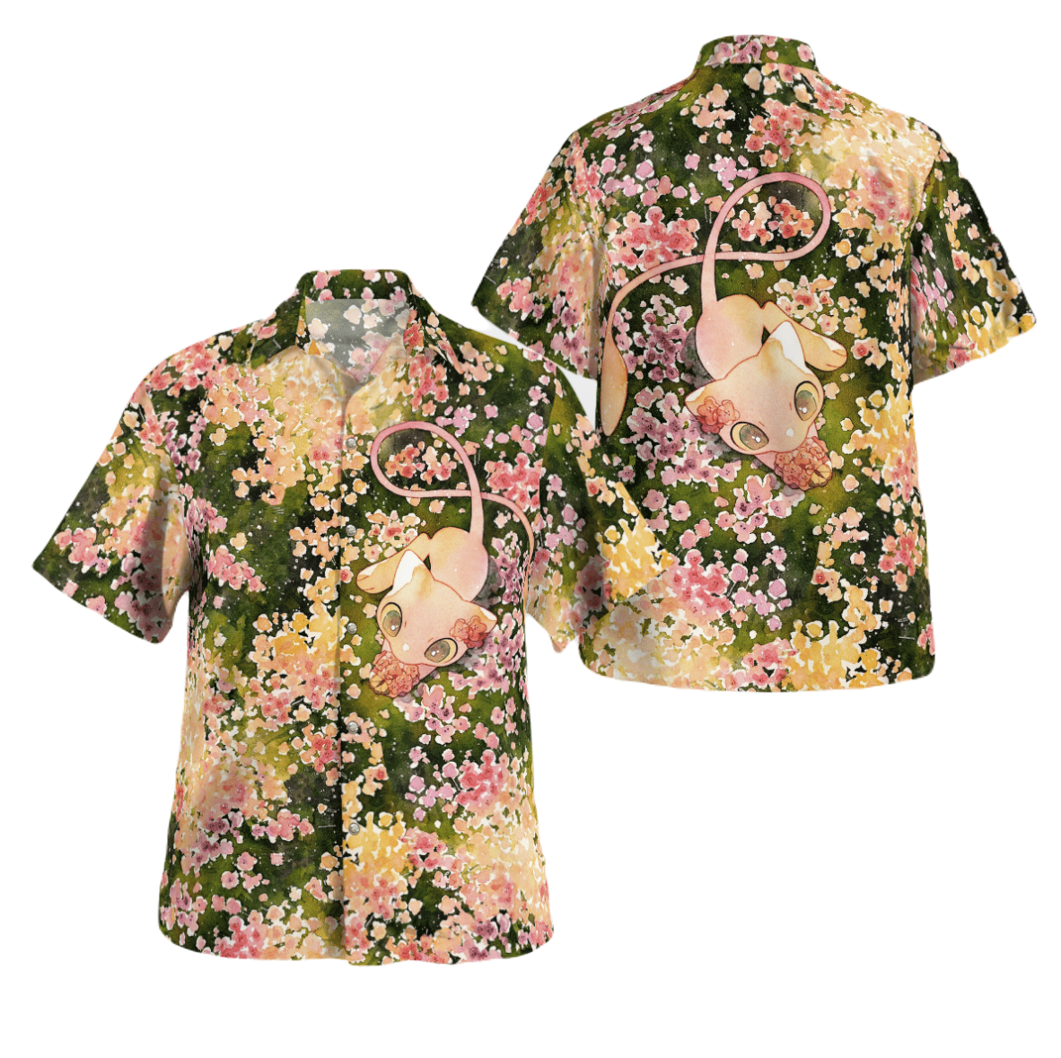 NoClaws NoClaws Pokemon Hawaii Shirt Pokemon Mew Summer Flower Pattern Hawaiian Shirt Pink Unisex