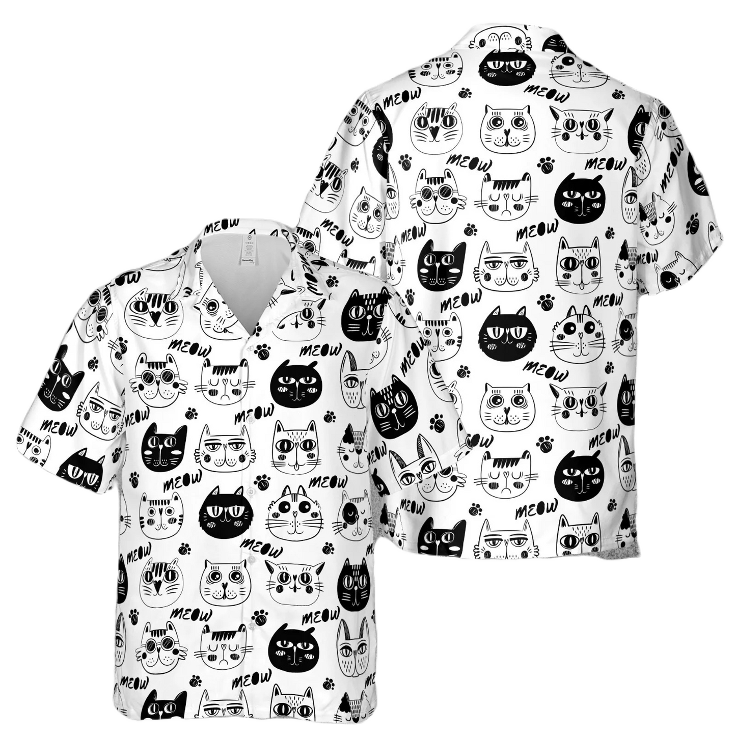 NoClaws Cat Hawaii Shirt Cartoon Cute Cat Pattern Hawaiian Shirt Black White Unisex