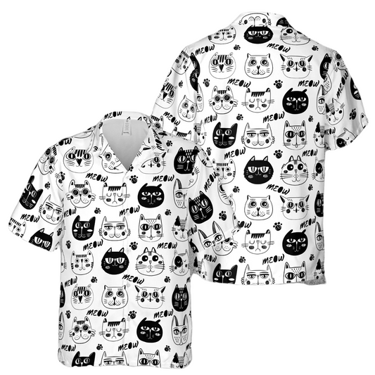 NoClaws Cat Hawaii Shirt Cartoon Cute Cat Pattern Hawaiian Shirt Black White Unisex
