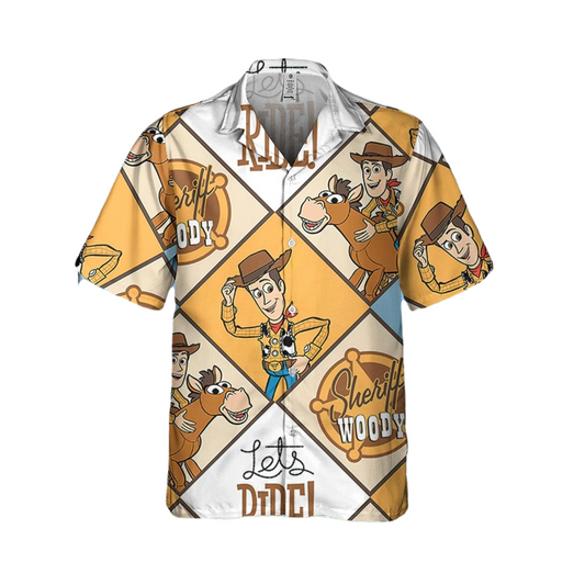Toy Story Hawaii Shirt Disney Woody Sheriff Let's Ride Pattern Hawaiian Shirt White Brown Unisex