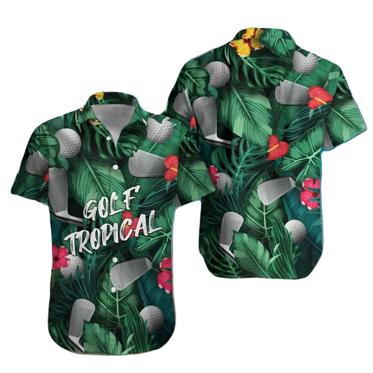 NoClaws Golf Hawaii Shirt Golf Tropical Ball And Club Pattern Hawaiian Shirt Green Unisex