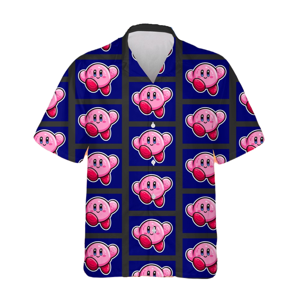 NoClaws NoClaws Kirby Hawaii Shirt Cute Kirby Jumping Pattern Hawaiian Shirt Blue Pink Unisex