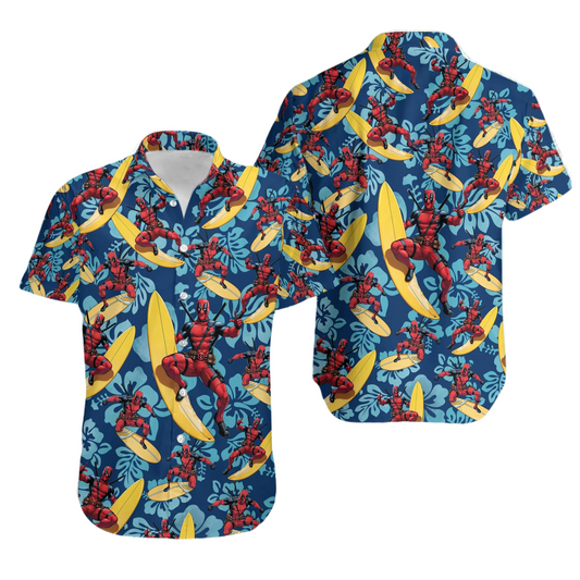 NoClaws Deadpool Hawaii Shirt Marvel Deadpool Surfboarding Style Floral Pattern Hawaiian Shirt Blue Unisex
