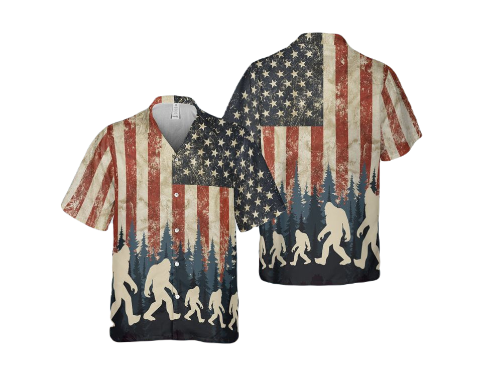 NoClaws Bigfoot Hawaii Shirt Bigfoot Silhouette American Flag Forest Hawaiian Shirt Blue Red Unisex