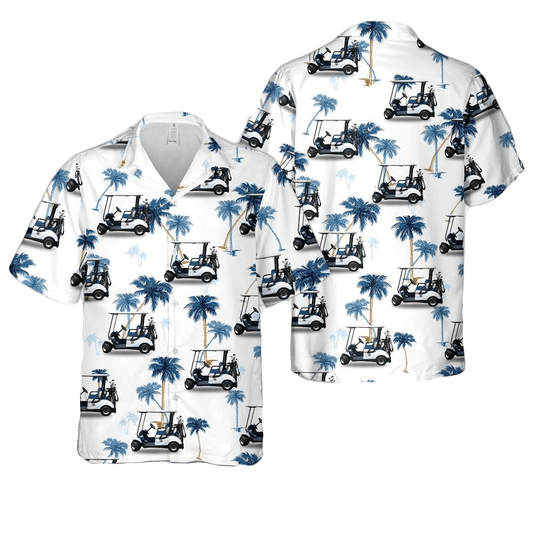 NoClaws Golf Hawaii Shirt Electric Golf Cart Palm Tree Pattern Hawaiian Shirt White Blue Unisex