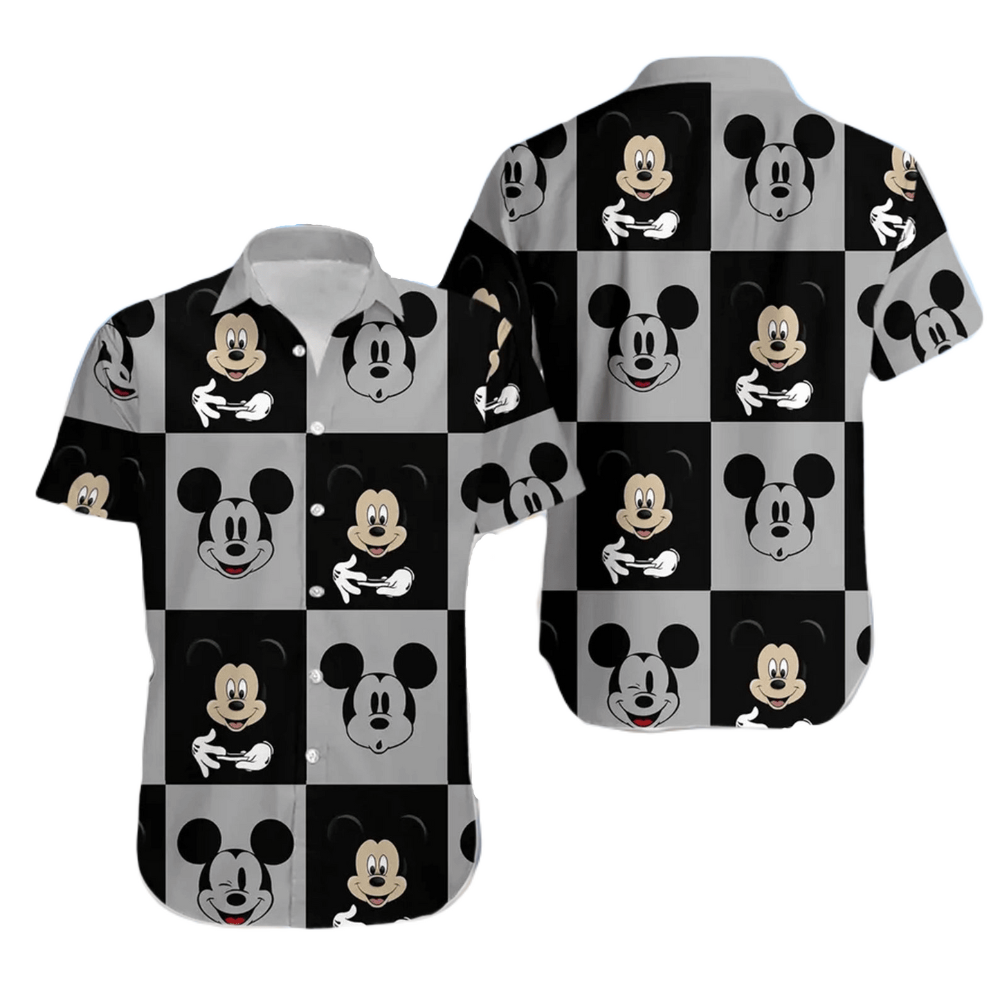 NoClaws MM Hawaii Shirt Disney Checkered MM Face Graphic Pattern Hawaiian Shirt Black Gray Unisex