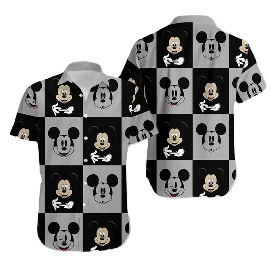 NoClaws MM Hawaii Shirt Disney Checkered MM Face Graphic Pattern Hawaiian Shirt Black Gray Unisex