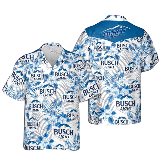 NoClaws Busch Light Hawaii Shirt Busch Light Hibiscus Flower Pattern Hawaiian Shirt White Blue Unisex