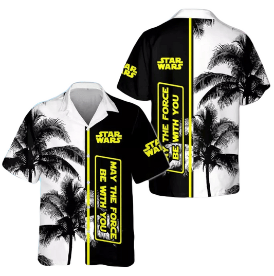 NoClaws Star Wars Hawaii Shirt May The Force Be With You Palm Tree Pattern Hawaiian Shirt Black White Unisex