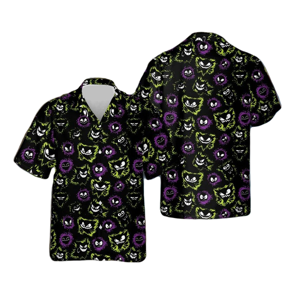 NoClaws Pokemon Hawaii Shirt Pokemon Gengar Ghost Evolution Pattern Aloha Shirt Black Unisex