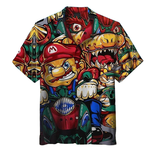 NoClaws Mario Hawaii Shirt Mario Bros With Bowser Graphic Aloha Shirt Colorful Unisex