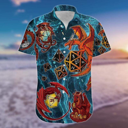  Dungeon And Dragon Hawaii Shirt Dragon Holding Dice Pattern Blue Hawaiian Aloha Shirt