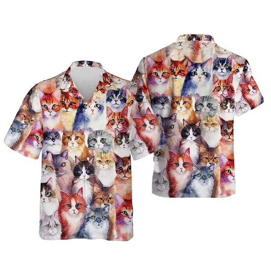 NoClaws Cat Hawaii Shirt Watercolor All Types Of Cat Pattern Hawaiian Shirt Colorful Unisex