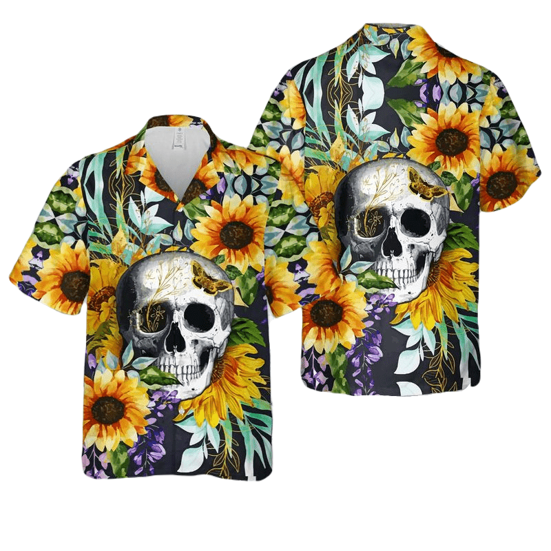 NoClaws Skull Hawaii Shirt Skull With Sunflower Pattern Hawaiian Shirt Colorful Unisex