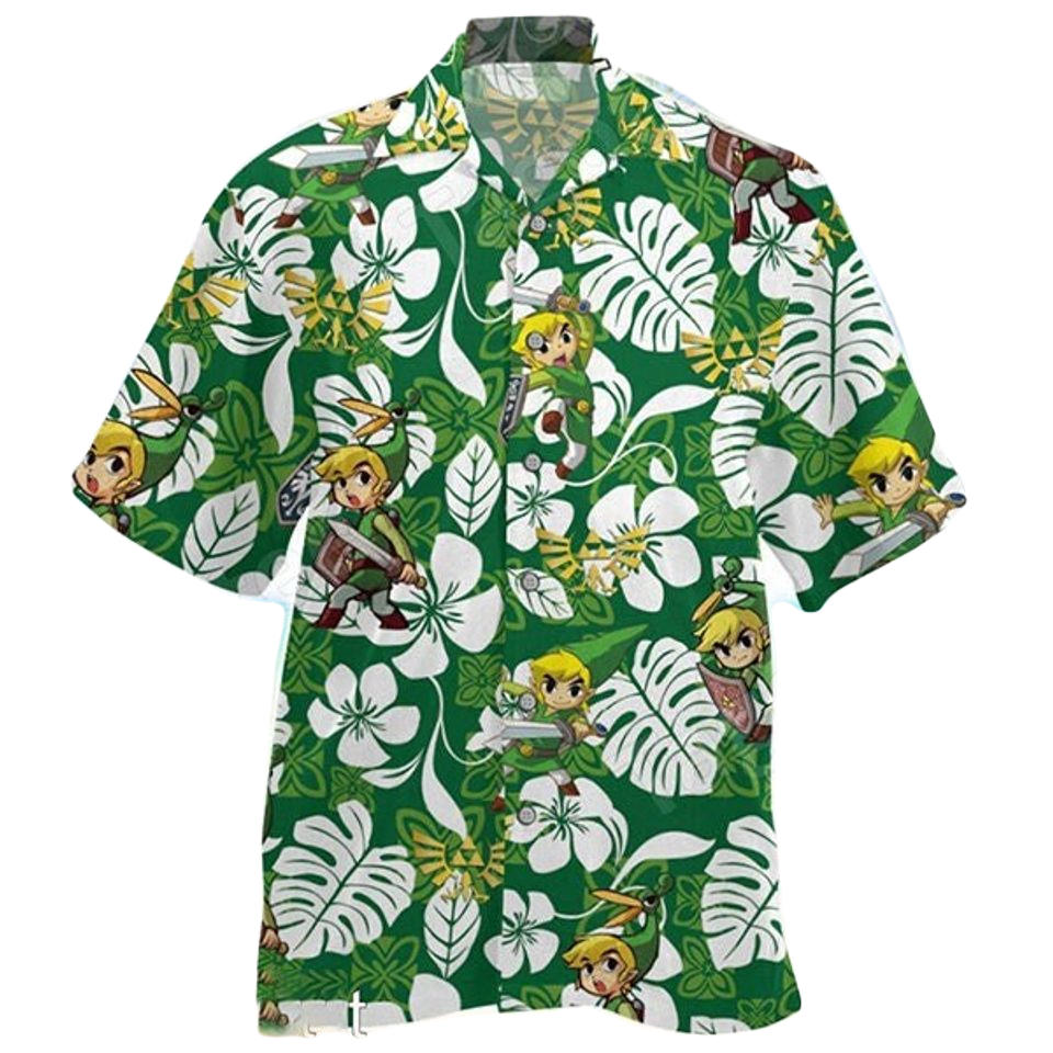 NoClaws Legend Of Zelda Hawaii Shirt Link Tropical Leaves Pattern Hawaiian Shirt Green Unisex