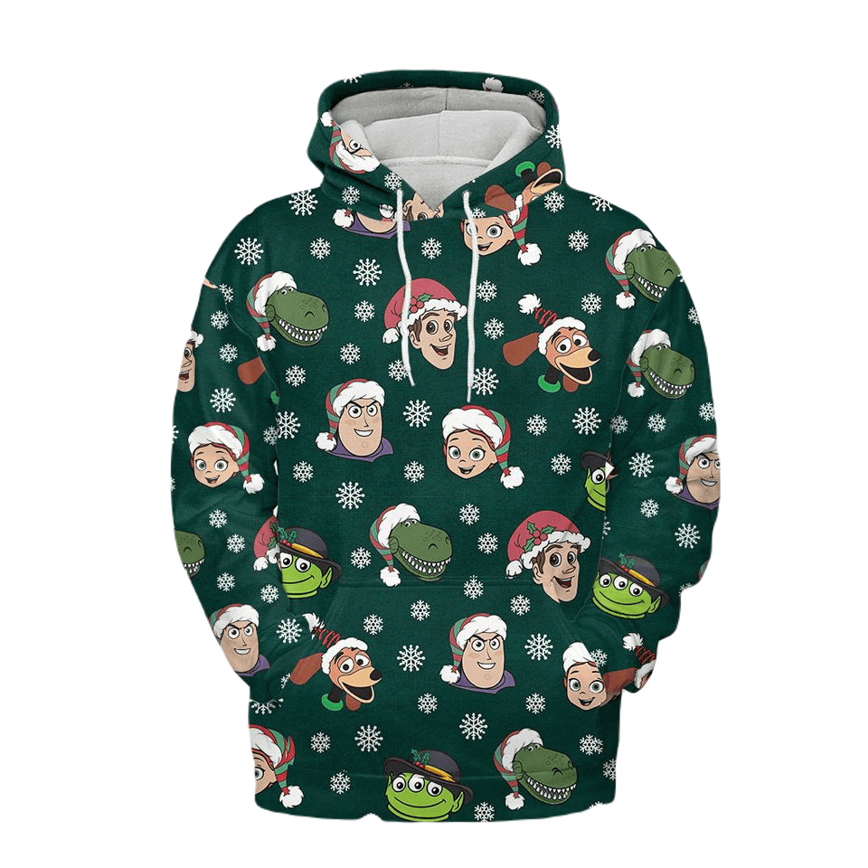 Toy Story Hoodie DN Toy Story Characters Christmas Hat Faces Hoodie Green Unisex