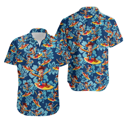Toy Story Hawaii Shirt Disney Woody Surfing Tropical Flower Pattern Hawaiian Shirt Blue Unisex