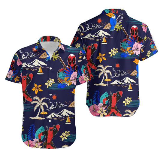 NoClaws Deadpool Hawaii Shirt Marvel Deadpool Tropical Island Pattern Hawaiian Shirt Blue Red Unisex