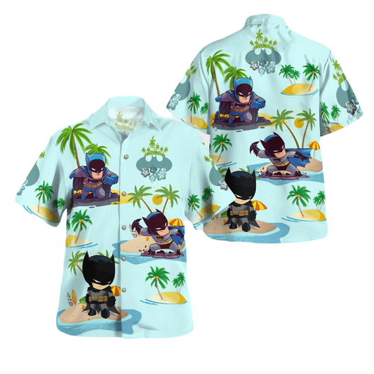 NoClaws Batman Hawaii Shirt DC Chibi Batman Summer Beach Pattern Hawaiian Shirt Blue Unisex