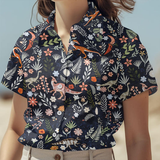 Dinosaur Floral Button Up Shirt, Animal Tropical Vacation Hawaiian Shirt