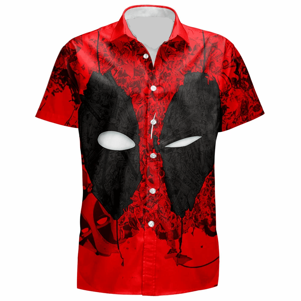 NoClaws Deadpool Hawaii Shirt Marvel Deadpool Face Mask Comic Pattern Hawaiian Shirt Red Black Unisex