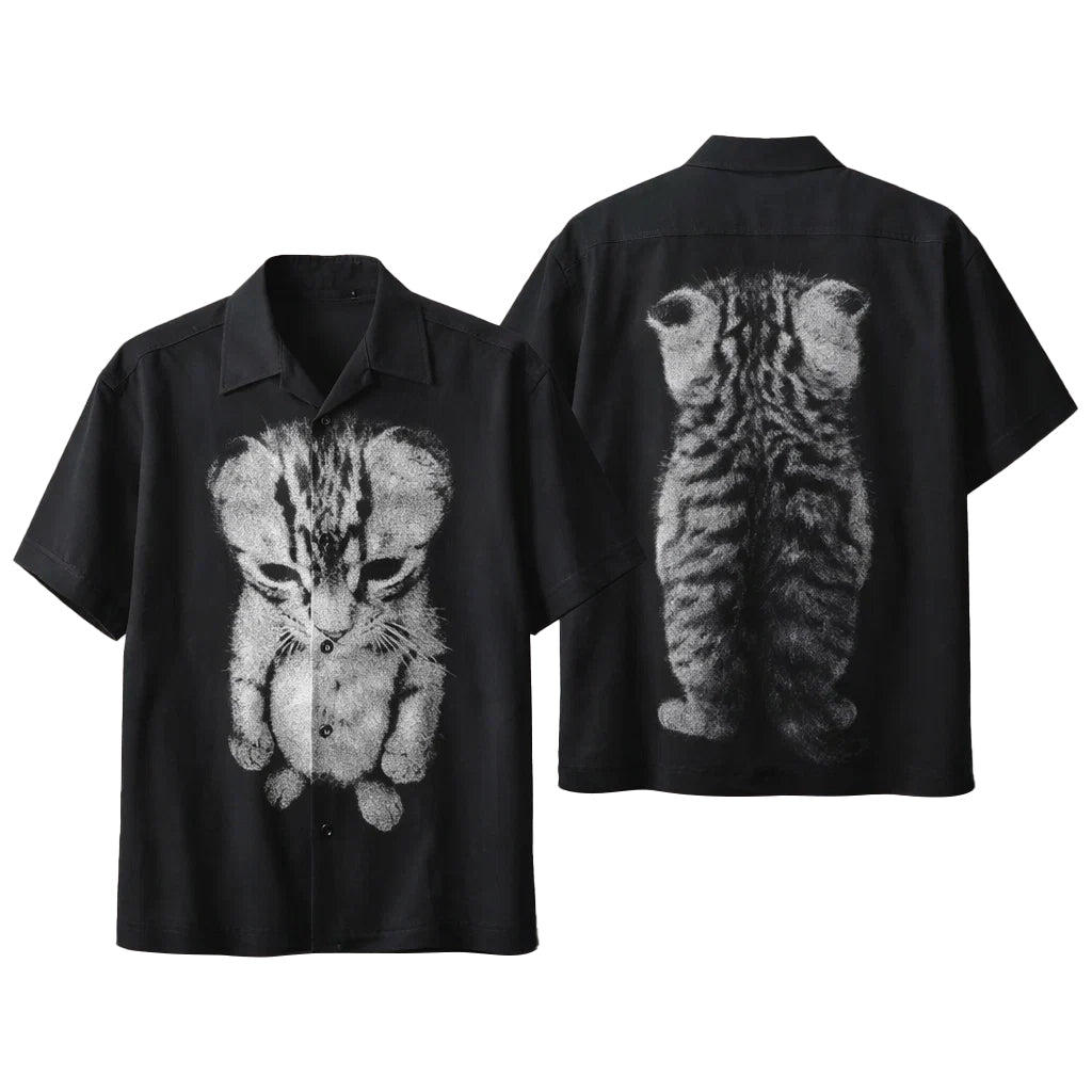 Cute Kitten Optical Illusion Hawaiian Shirt, Funny Cat Front Back Graphic Shirt, Minimal Black Cat Lover Aloha Shirt
