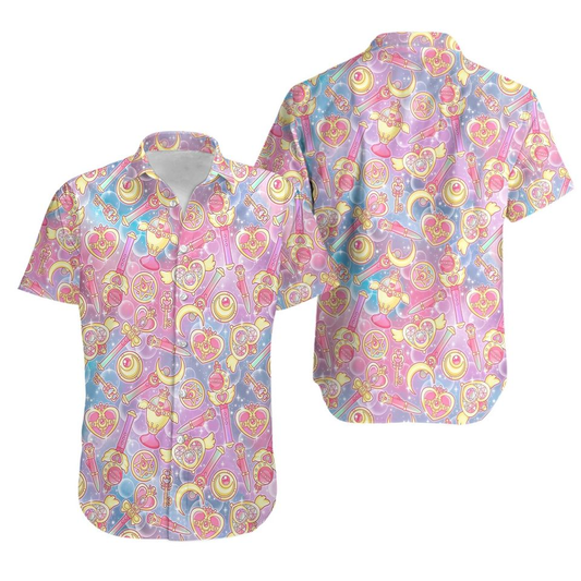 NoClaws NoClaws Sailor Moon Hawaii Shirt Sailor Moon Stitck Compact Brooch Pattern Hawaiian Shirt Pink Unisex