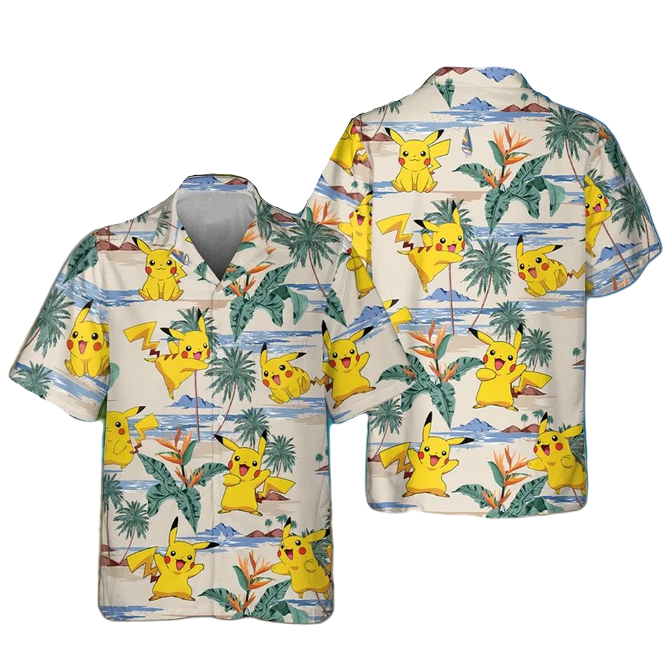NoClaws Pokemon Hawaii Shirt Pokemon Pikachu Tropical Islands Pattern Aloha Shirt Colorful Unisex