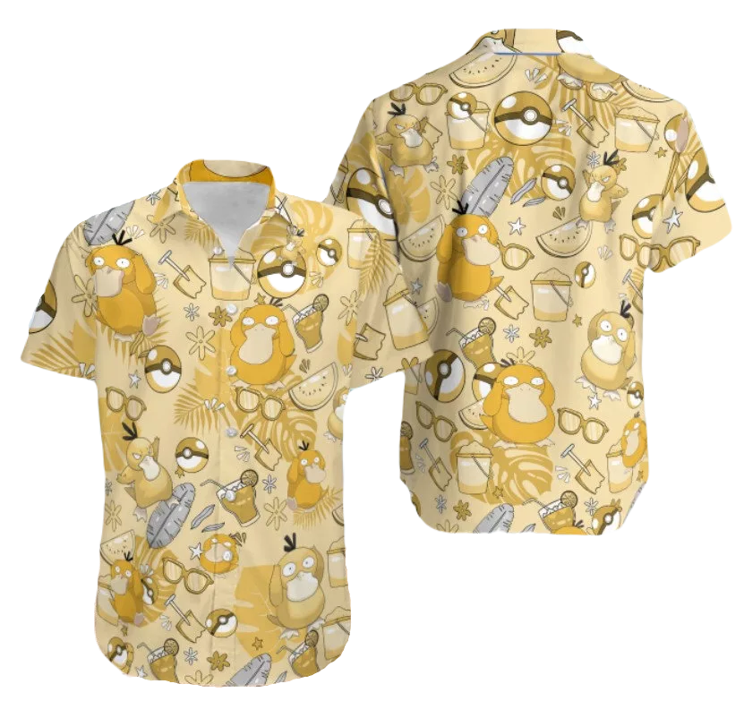 NoClaws NoClaws Pokemon Hawaii Shirt Pokemon Psyduck Summer Items Hawaiian Shirt Yellow Unisex