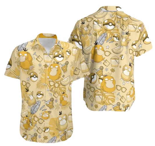 NoClaws NoClaws Pokemon Hawaii Shirt Pokemon Psyduck Summer Items Hawaiian Shirt Yellow Unisex